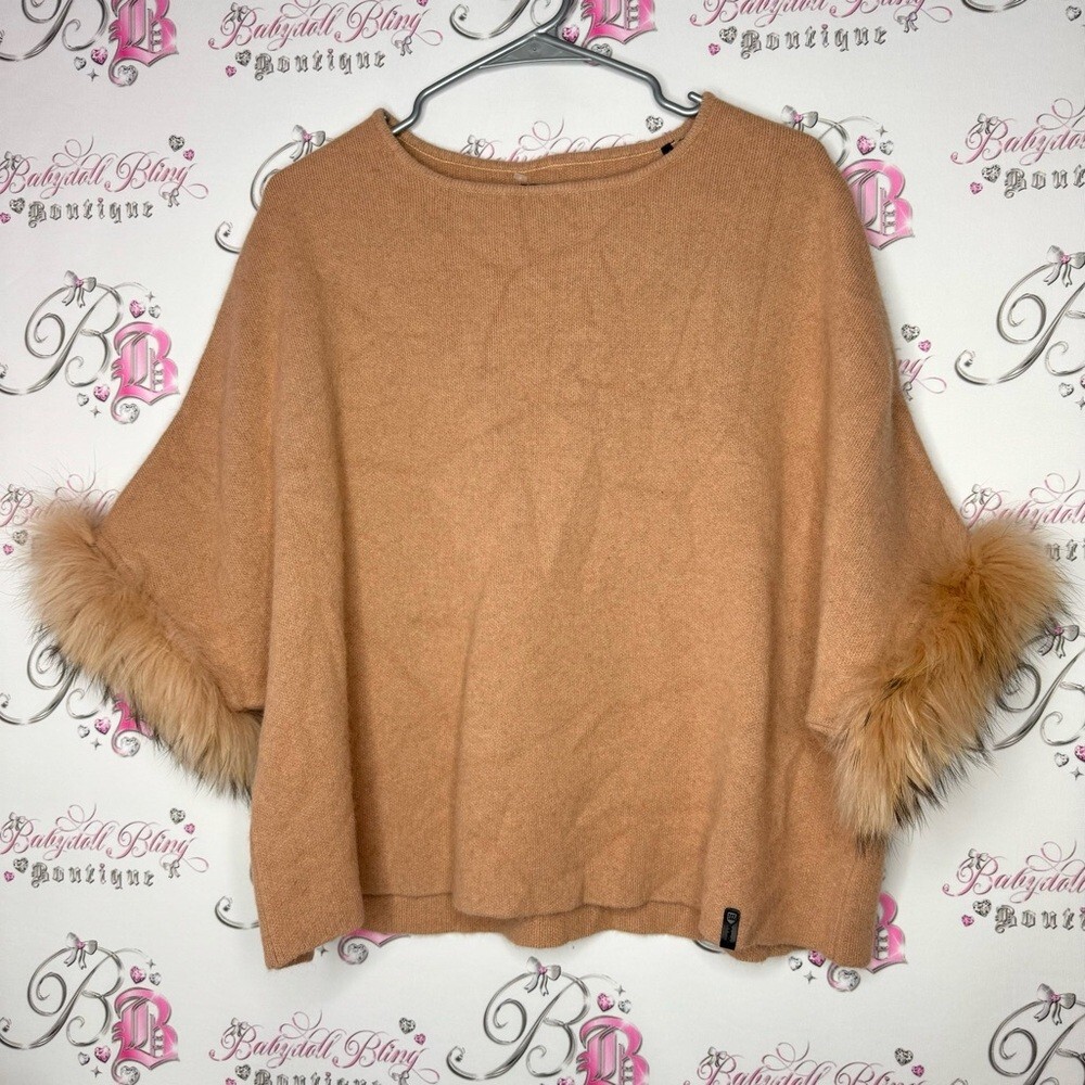 RUDSAK poncho fox & rabbit fur sleeve bat wing sweater wool warm winter luxury